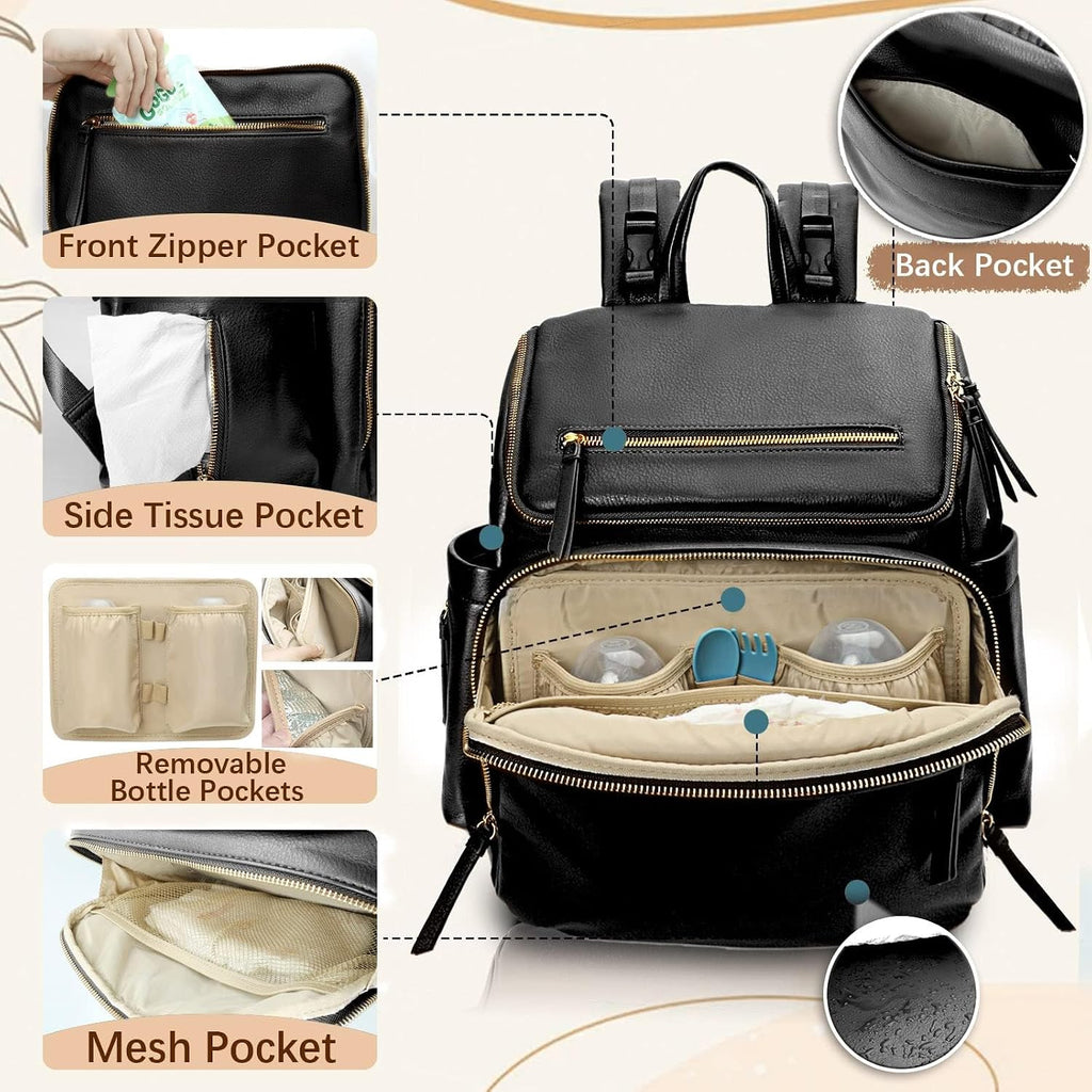 MISS FONG Baby Changing Bags, Changing Backpack Baby Bag Nappy Backpack Diaper Bag for Mom & Dad Leather Maternity Large Pregnancy Hospital Bag with 4Insulated Pockets Pram Clip& Changing Mat- Black