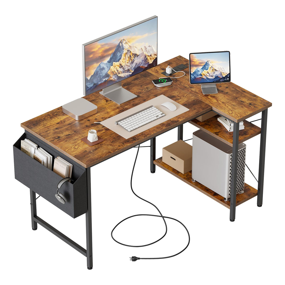 Mericonia Reversible Corner Desk, w. Power Outlets, 100x70cm, Black