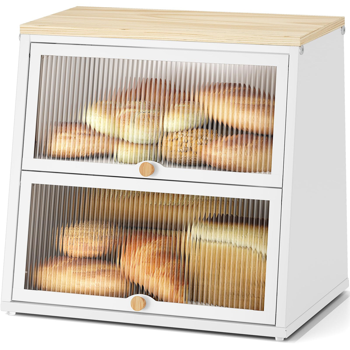 Urackify Two-Layer Large Bread Box, Bread Bins for Kitchen, Black Bread Bin with Stiped Window Door Pancel, Bread Storage with Wood Handle, kitchen Bin Storage with Removable Layer, Black