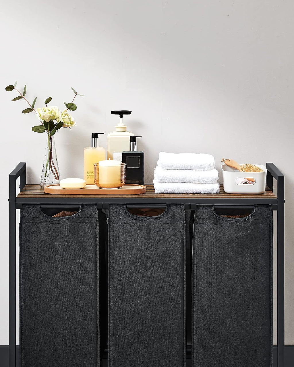 VASAGLE Laundry Basket, 3-Compartment Laundry Hamper, Pull-Out and Removable Liner Bags, Clothes Sorter, Shelf, Metal Frame, 3 x 40 L, 92.5 x 33 x 72 cm, Ink Black and Rustic Brown BLH301B01