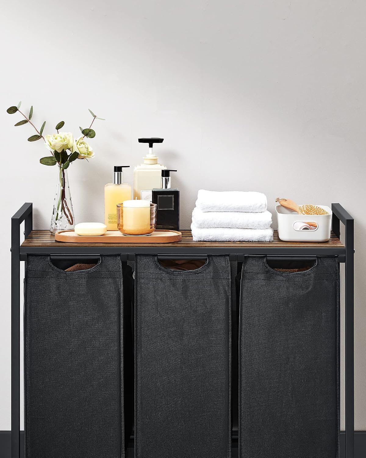 VASAGLE Laundry Basket, 3-Compartment Laundry Hamper, Pull-Out and Removable Liner Bags, Clothes Sorter, Shelf, Metal Frame, 3 x 40 L, 92.5 x 33 x 72 cm, Ink Black and Rustic Brown BLH301B01