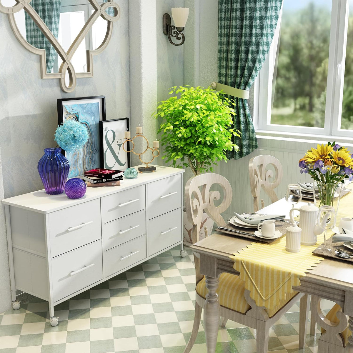 Chest of Drawers, Dresser for Bedroom with 7 Fabric Drawers, TV Stand on Castors, Storage Organizer for Living Room, Metal Frame and Wooden Top, White