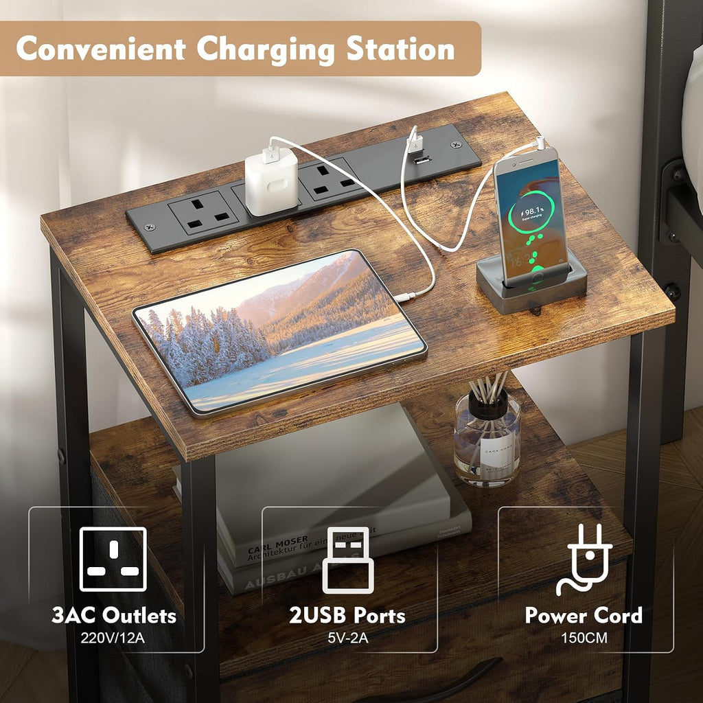 Yornoli Set of 2 Bedside Table with Charging Station 40cm Wide Bed Side Table for Bedroom with Fabric Drawers Small End Tables with Led Lights for Living Room Small Spaces Rustic Brown