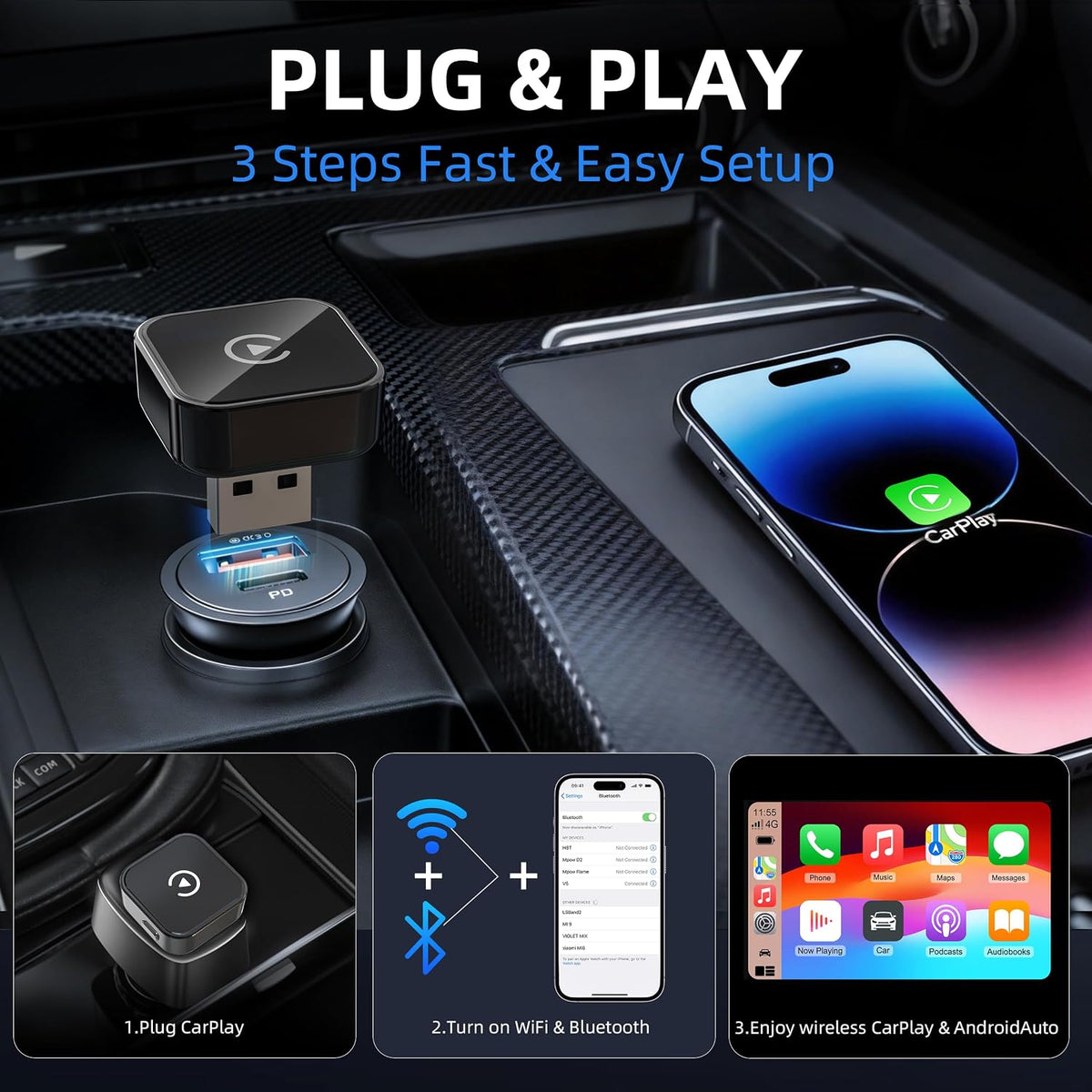 VEN-Wireless CarPlay & Android Auto Adapter 2026 Upgrade Instant 2-Phone Switch, 2-in-1 Plug & Play OTA Dongle for iPhone & Android, BT 5.3 & Dual WiFi 6, Car GPS Navigation