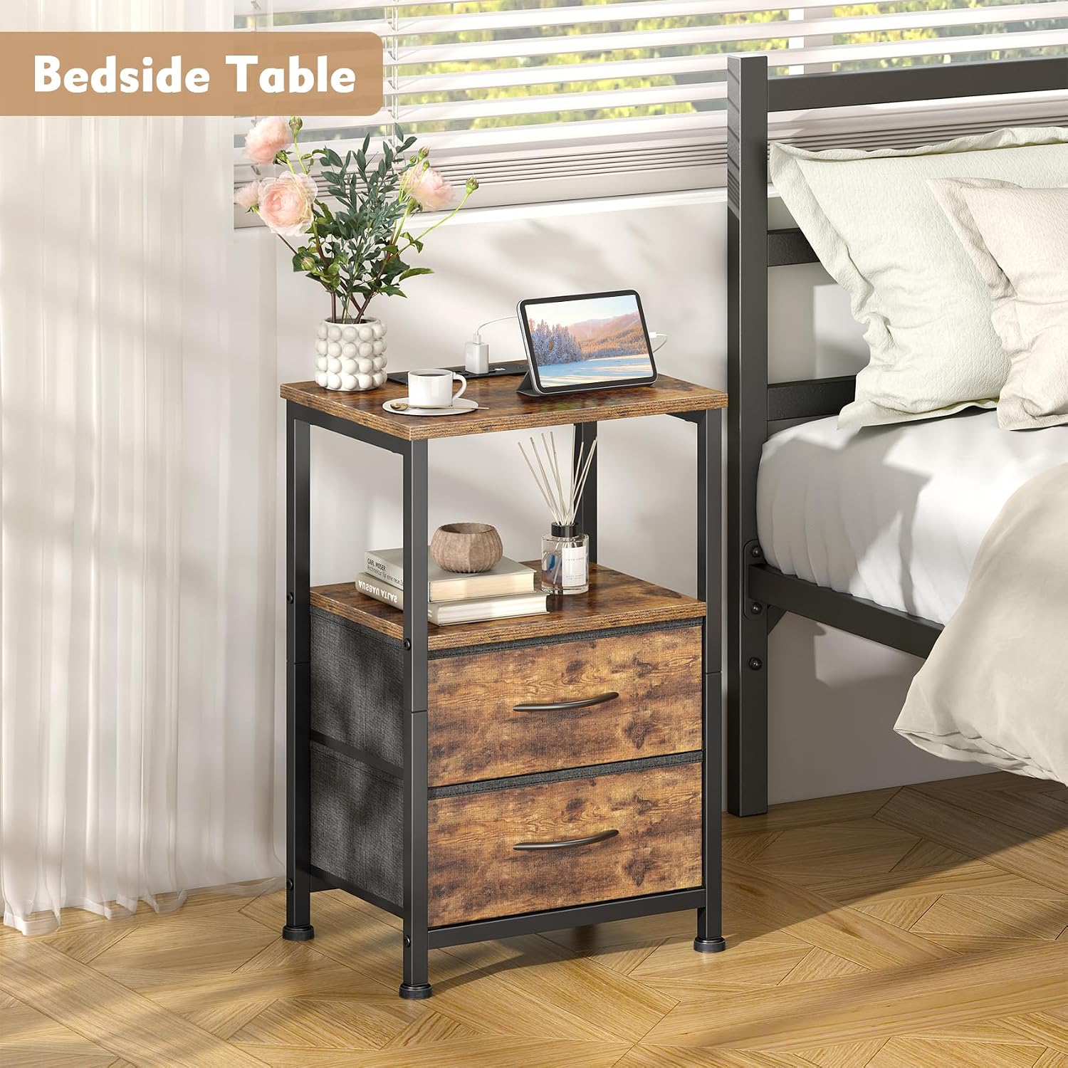 Yornoli Set of 2 Bedside Table with Charging Station 40cm Wide Bed Side Table for Bedroom with Fabric Drawers Small End Tables with Led Lights for Living Room Small Spaces Rustic Brown
