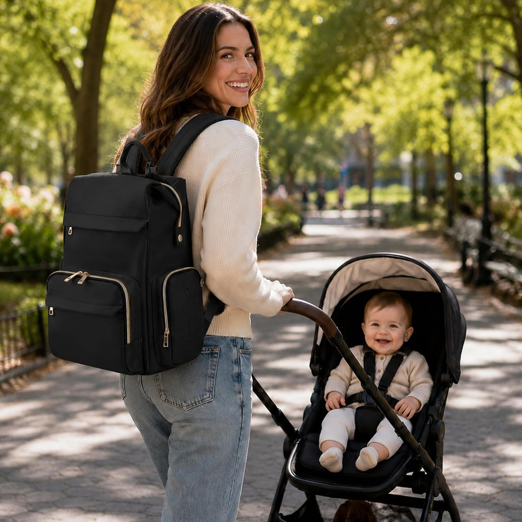 I IHAYNER Diaper Bag Backpack Leather Backpack for Women Travel Dad Mother Outdoor Backpack with Changing Pad Stroller Straps (Black)