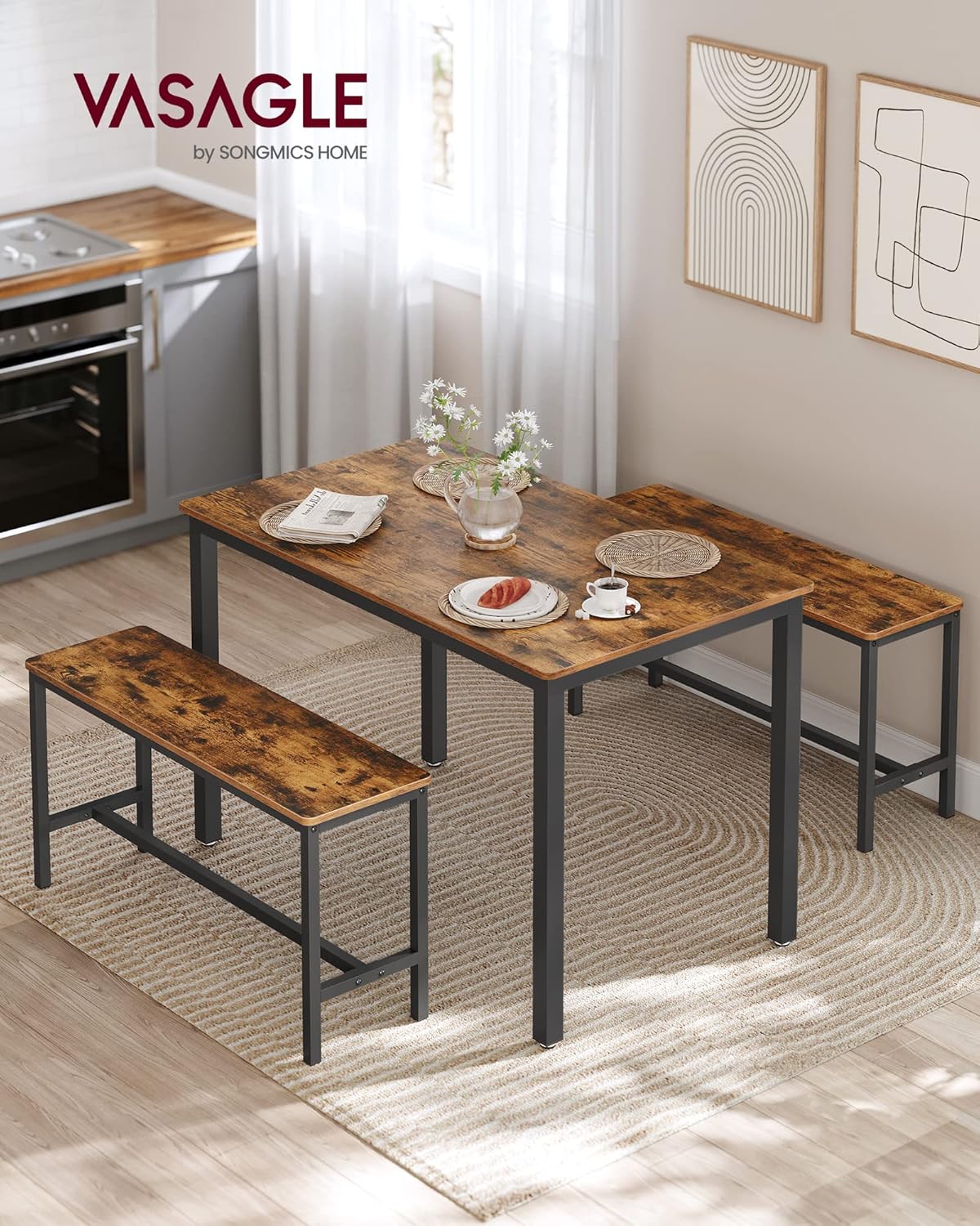 VASAGLE Dining Table with 2 Benches, 3 Piece Set, Kitchen Table of 70 x 110 x 75 cm, 2 Benches of 30 x 97 x 50 cm Each, Steel Frame, Industrial Design, Rustic Brown and Black KDT070B01