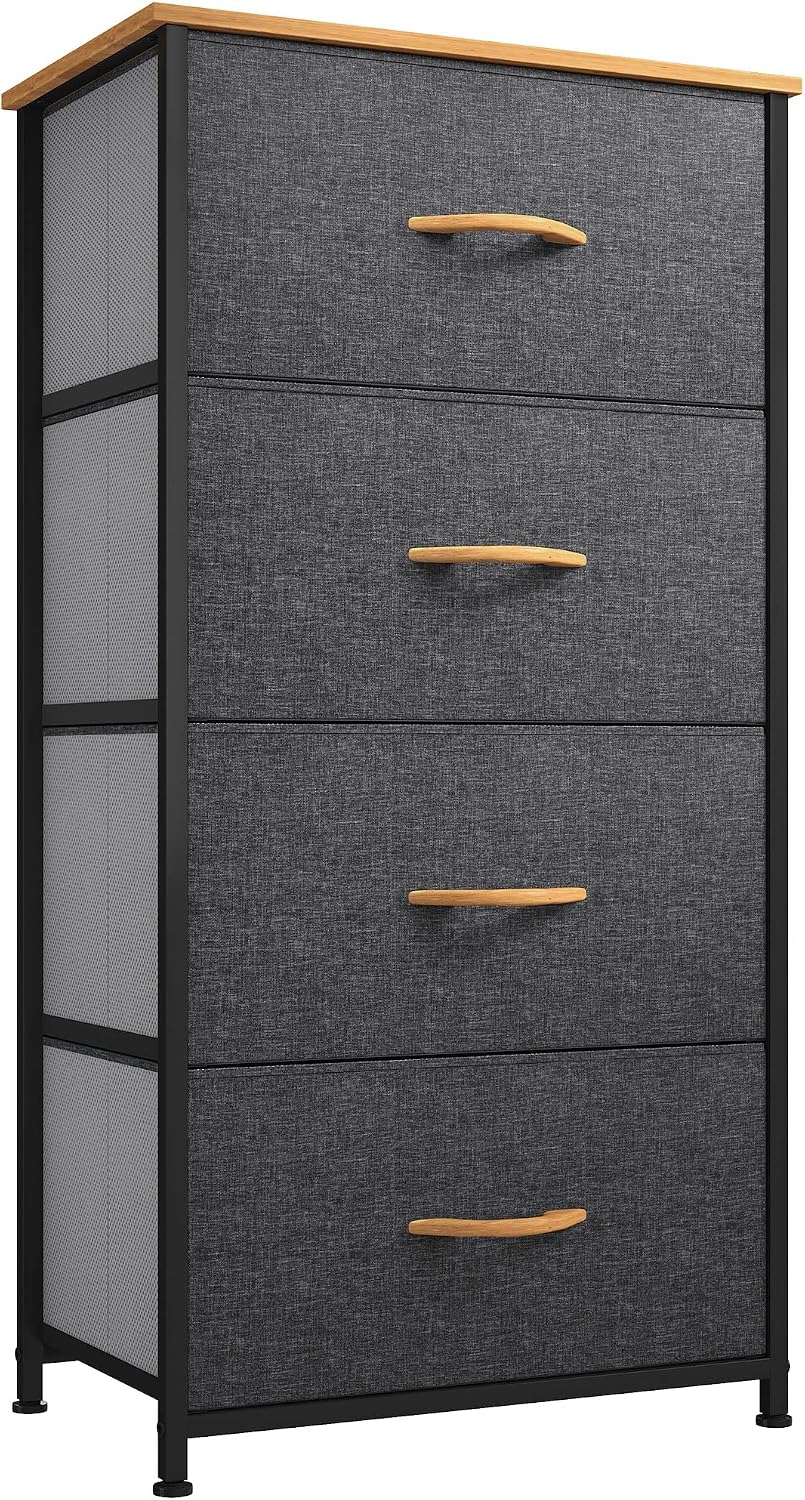 YITAHOME Chest of Drawers with 4 Drawers,Bedroom Drawers, Fabric Dresser with Wood Top,Drawer storage unit for for Bedroom, Living room, Dark Grey