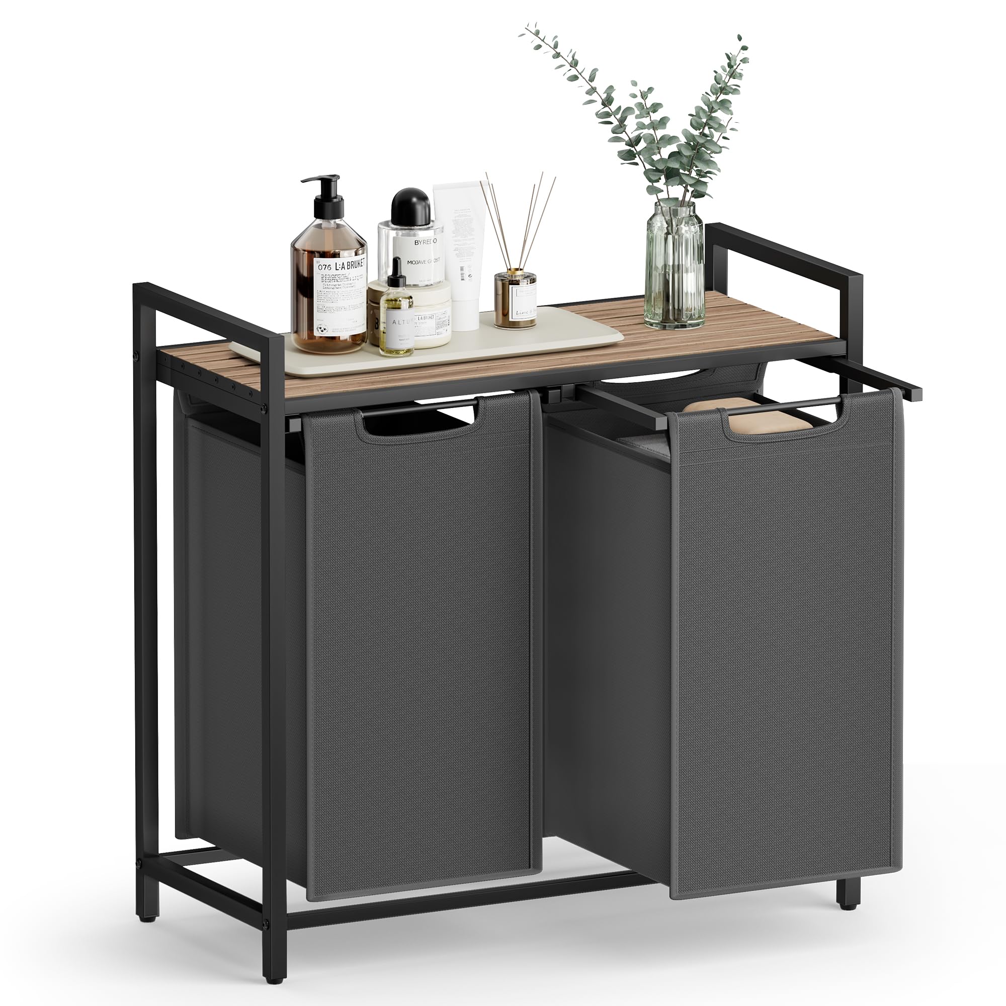 VASAGLE Laundry Basket, 3-Compartment Laundry Hamper, Pull-Out and Removable Liner Bags, Clothes Sorter, Shelf, Metal Frame, 3 x 40 L, 92.5 x 33 x 72 cm, Ink Black and Rustic Brown BLH301B01