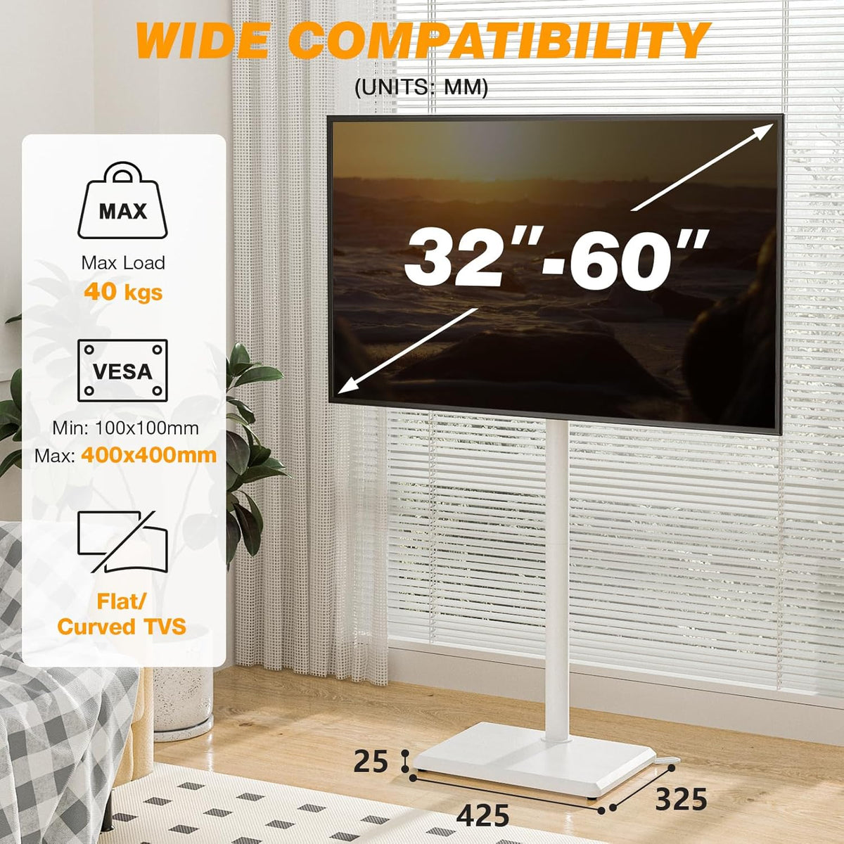 TVON TV Floor Stand for 32 to 60 inch TVs Tall TV Stand with Support Feet, Slim Corner TV Stand Height Adjustable Swivel TV Stands, Max VESA 400x400mm up to 40kg