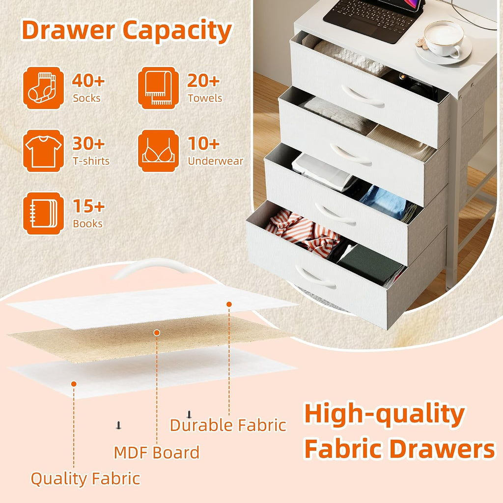 MUTUN Bedside Table with Charging Station, Bedside Cabinet with LED Light, Nightstand with Wood Shelf, 4 Fabric Drawers Side Table for Bedroom, White