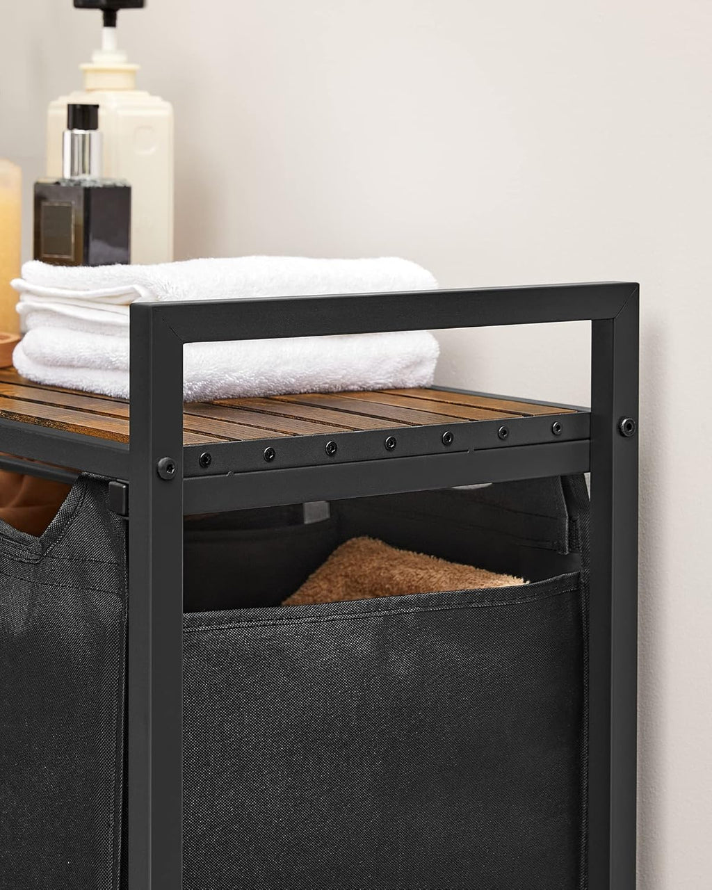VASAGLE Laundry Basket, 3-Compartment Laundry Hamper, Pull-Out and Removable Liner Bags, Clothes Sorter, Shelf, Metal Frame, 3 x 40 L, 92.5 x 33 x 72 cm, Ink Black and Rustic Brown BLH301B01