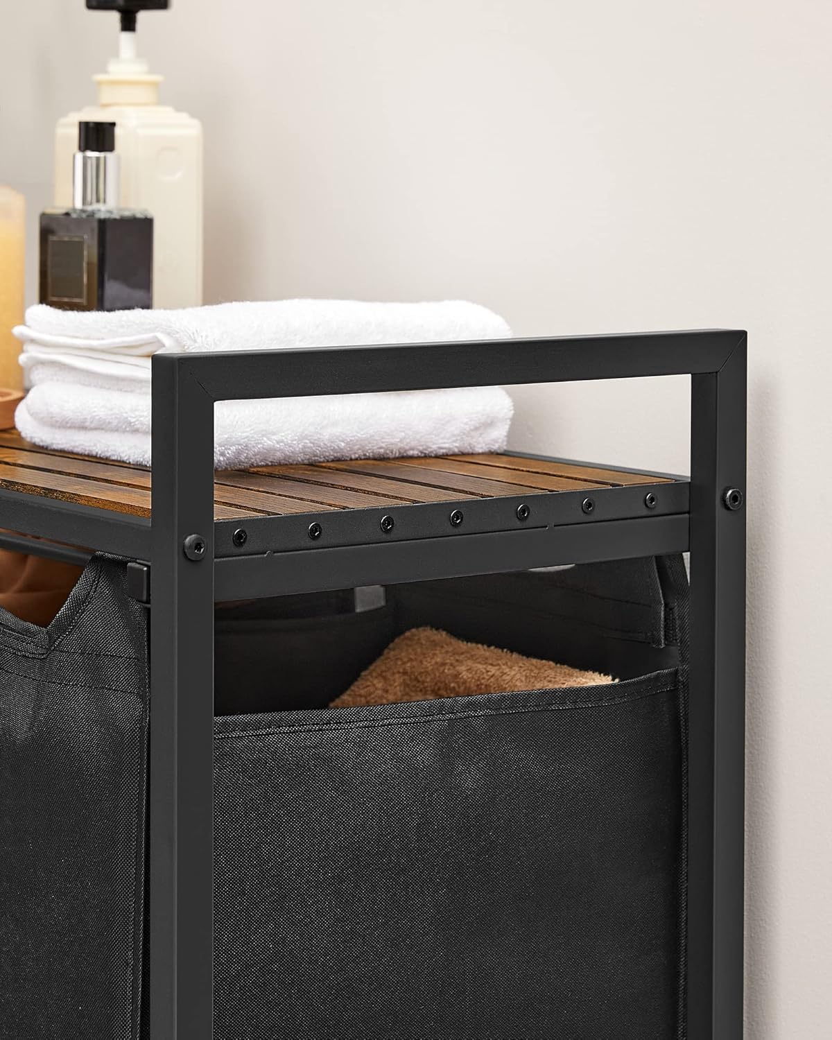 VASAGLE Laundry Basket, 3-Compartment Laundry Hamper, Pull-Out and Removable Liner Bags, Clothes Sorter, Shelf, Metal Frame, 3 x 40 L, 92.5 x 33 x 72 cm, Ink Black and Rustic Brown BLH301B01