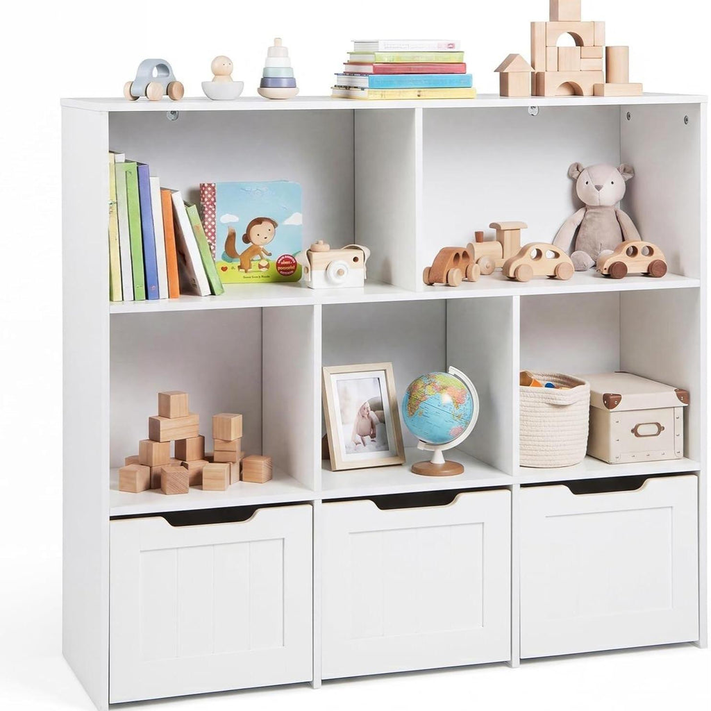 Wooden Kids Toy Storage Organizer Bookcase, 5 Open Cubes with 3 Rolling Wheeled Drawers, Multi‑Purpose Children Storage Cabinet for Playroom Kids Bedroom Nursery