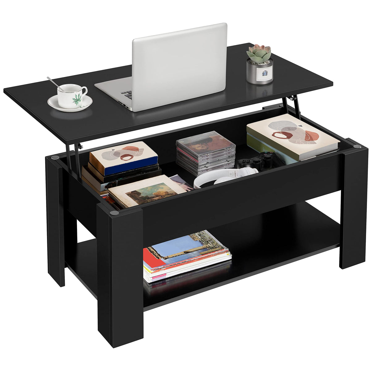 【NS】Lift Up Coffee Table, Wooden Lifting Tea Table with Hidden Storage Drawer and Open Shelf for Living Room/Reception, Rustic Brown, 98x50x(42-56) cm