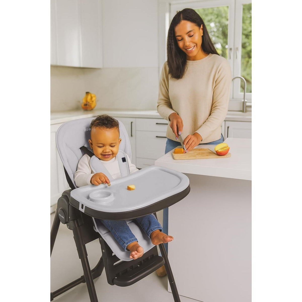 Adjustable Luxury Highchair – Suitable from Newborn up to 3 Years (Max 15kg), Taupe & Black Design, with Secure Harness, Padded Seat [Plus A Free Gift]