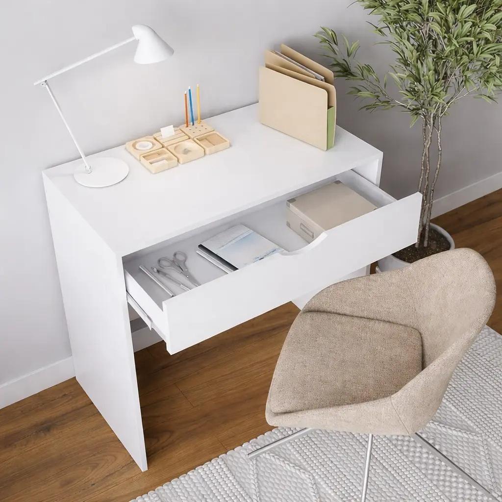 Compact White Desk with Drawer, 75x40cm Modern Wooden Study Table, 2-in-1 Dressing Table & Home Office Workstation for Bedroom, Living Room, or Small Space [Plus A Free Gift]