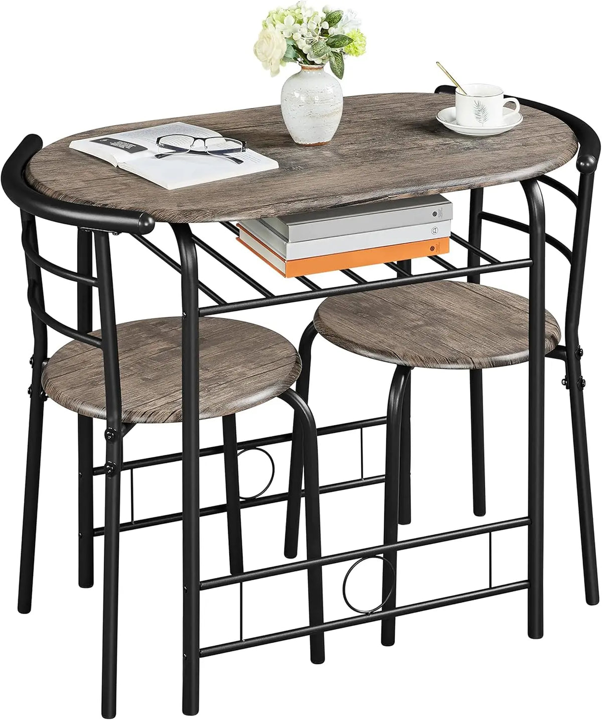 3-Piece Round Dining Table Set for 2 – Compact Breakfast Bar with Chairs, Metal Legs, Shelf & Built-in Wine Rack (Drift Brown)