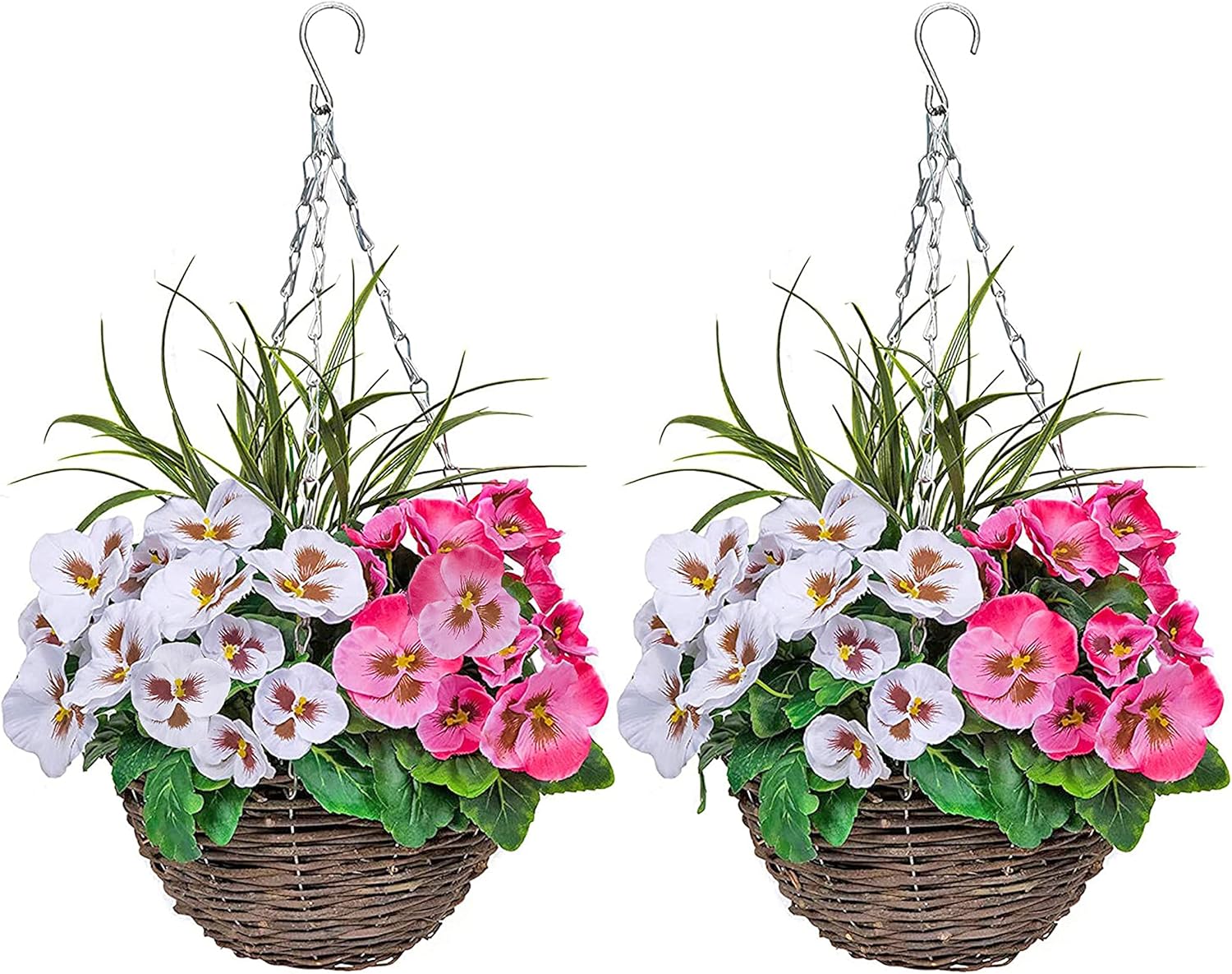 2 Pcs Coco Coir Artificial Hanging Planters, Fake Pink White Pansies Floral Arrangement with Decorative Grasses, UV Waterproof Hanging Basket for Indoor Outdoor Garden Decor