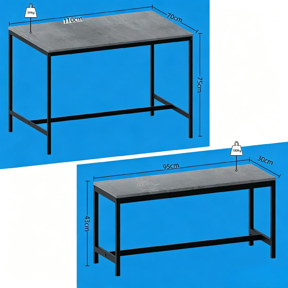 Industrial 4 Seater Dining Set with Bench – Space-Saving 3 Piece Table & Bench for Modern Kitchen [Plus A Free Gift]