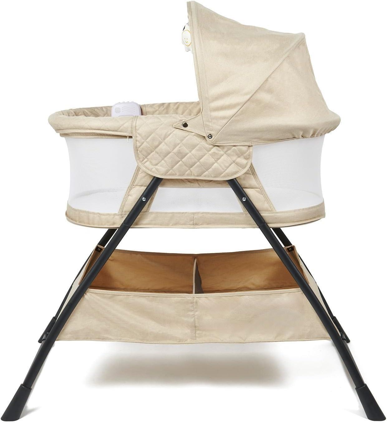 Sleepy Portable Side Crib & Moses Basket, Foldable Baby Sleeper with Gentle Vibration, Soothing Lullabies, Padded Mattress, Removable Canopy & Toys, Breathable Mesh Nursery Bed for Newborn