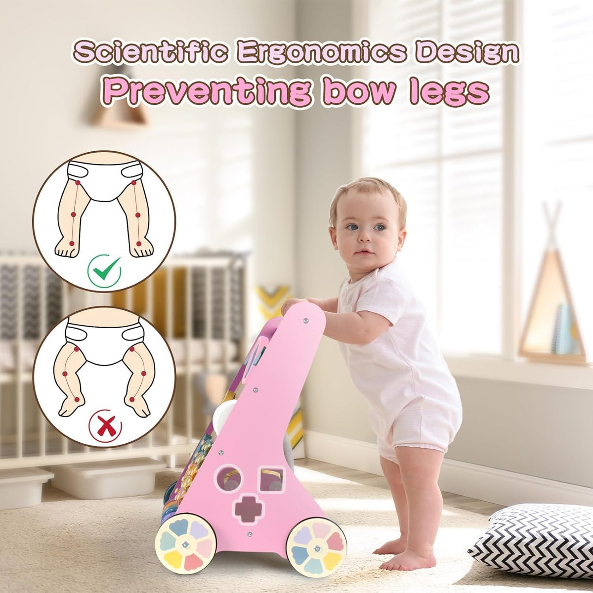 10-in-1 Wooden Toddler Push Walker, Multifunctional Educational Activity Learning Center with Silent Floor-Safe Rubber Wheels, Push-Along Walking Toy for Boys & Girls 12 Months+, Great Baby Gift