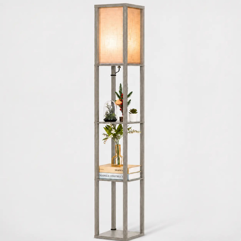 Neviland Floor Lamps with Shelves for Living Room, 3 Layers Morden Standard Lamp with LED Light for Bedroom, Office, Black/Wood/ Gray-brown[Energy Class A]A suitable gift for friends and family on holidays or for moving. Valentine's Day gift