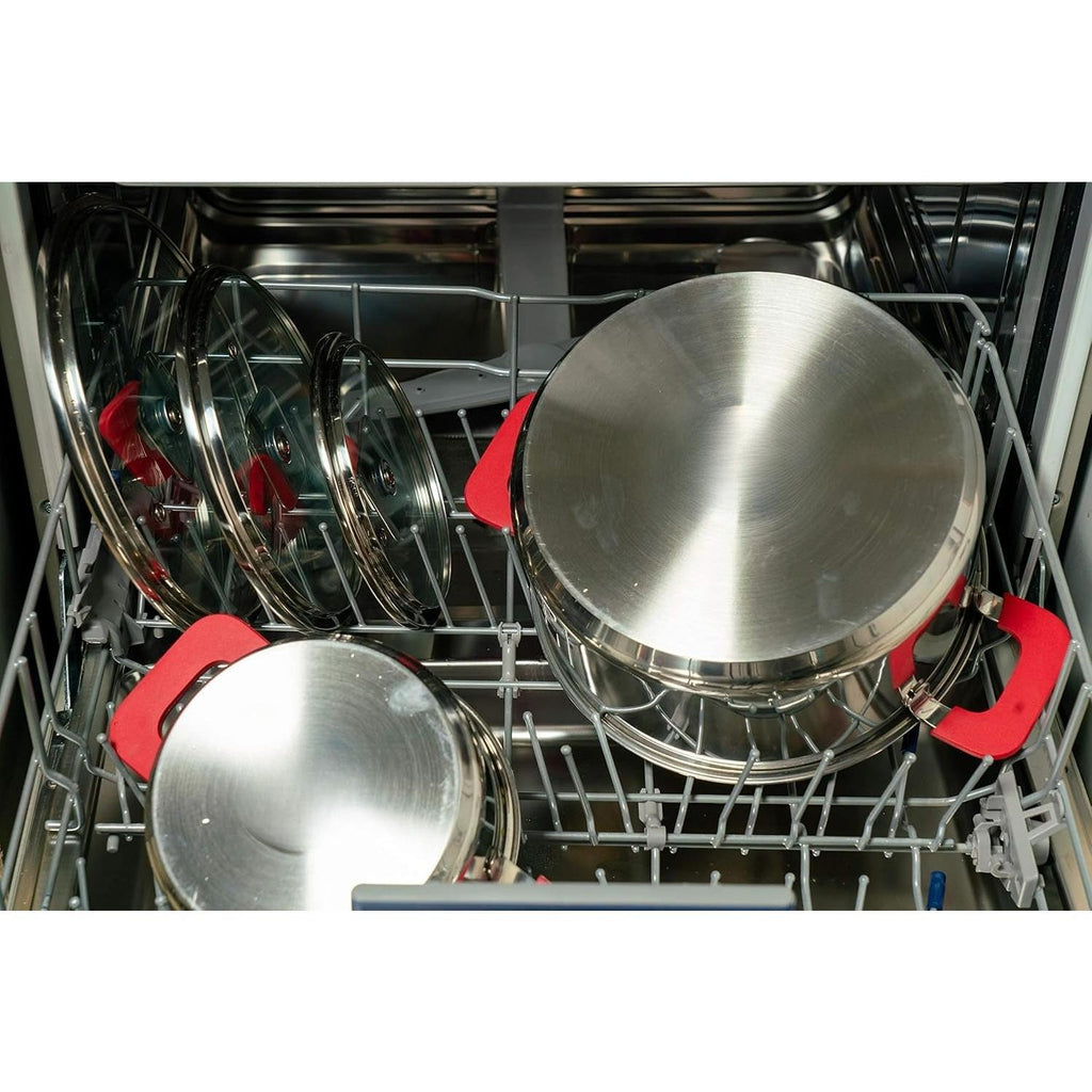 Basics 3‑Piece Stainless Steel Stackable Casserole Cookware Set, Induction Pots with Vented Lids & Soft‑Touch Handles, Dishwasher & Oven‑Safe, 16/20/24 cm