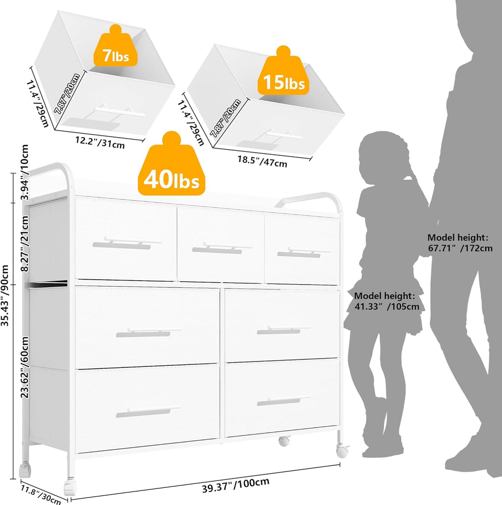 【NS】Bedroom Chest of Drawers, 7 Fabric Drawers, Clothing Storage Cabinet with 4 Castors, Wood Top and Metal Frame, for Living Room