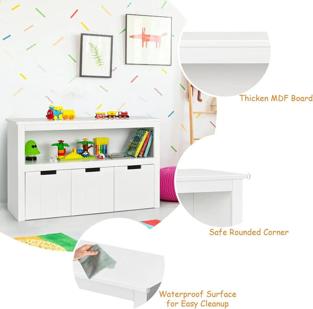 Kids Toy Storage Cabinet, Wooden Playroom Storage Chest with Wheel Drawers & Large Open Shelf, 2‑in‑1 Multi‑Functional Kids Storage Organizer for Toys Books Clothes, Activity Table for Boys Girls Bedroom Playroom
