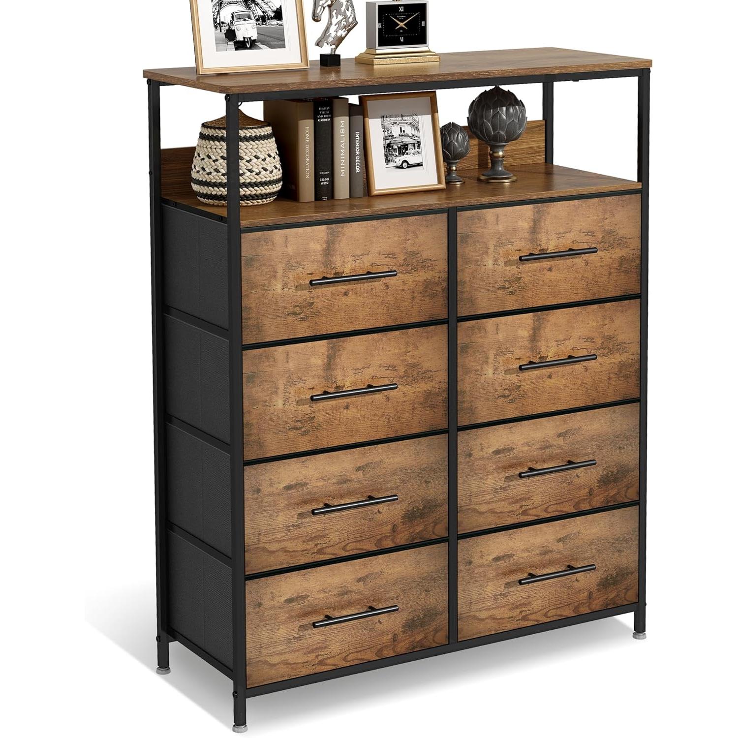 【NS】Dresser for Bedroom with 8 Fabric Drawers, Chest of Drawers, Tall Storage Organizer Unit with 2-Layer Shelves, TV Stand with Wooden Top and Sturdy Metal Frame (Black)