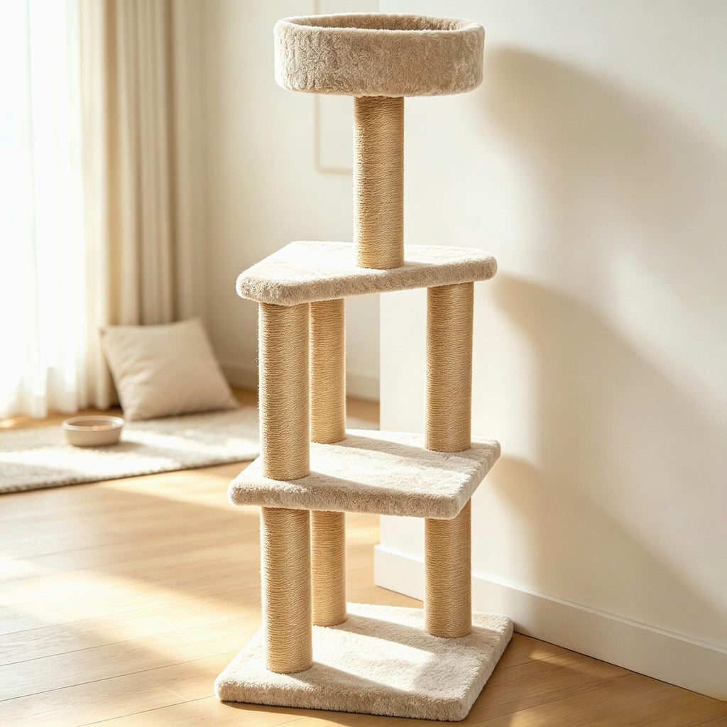 Indoor Large Beige Cat Tree Tower, Multi‑Level Cat Activity Centre with Natural Sisal Scratching Posts, Cozy Perch Bed & Hanging Interactive Toy, Stable Climbing Play House for Kittens Adult Cats Home Living Room Decor