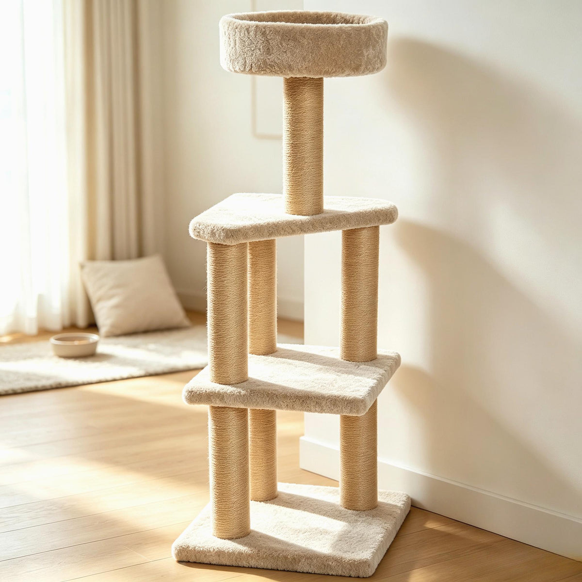 Indoor Large Beige Cat Tree Tower, Multi‑Level Cat Activity Centre with Natural Sisal Scratching Posts, Cozy Perch Bed & Hanging Interactive Toy, Stable Climbing Play House for Kittens Adult Cats Home Living Room Decor