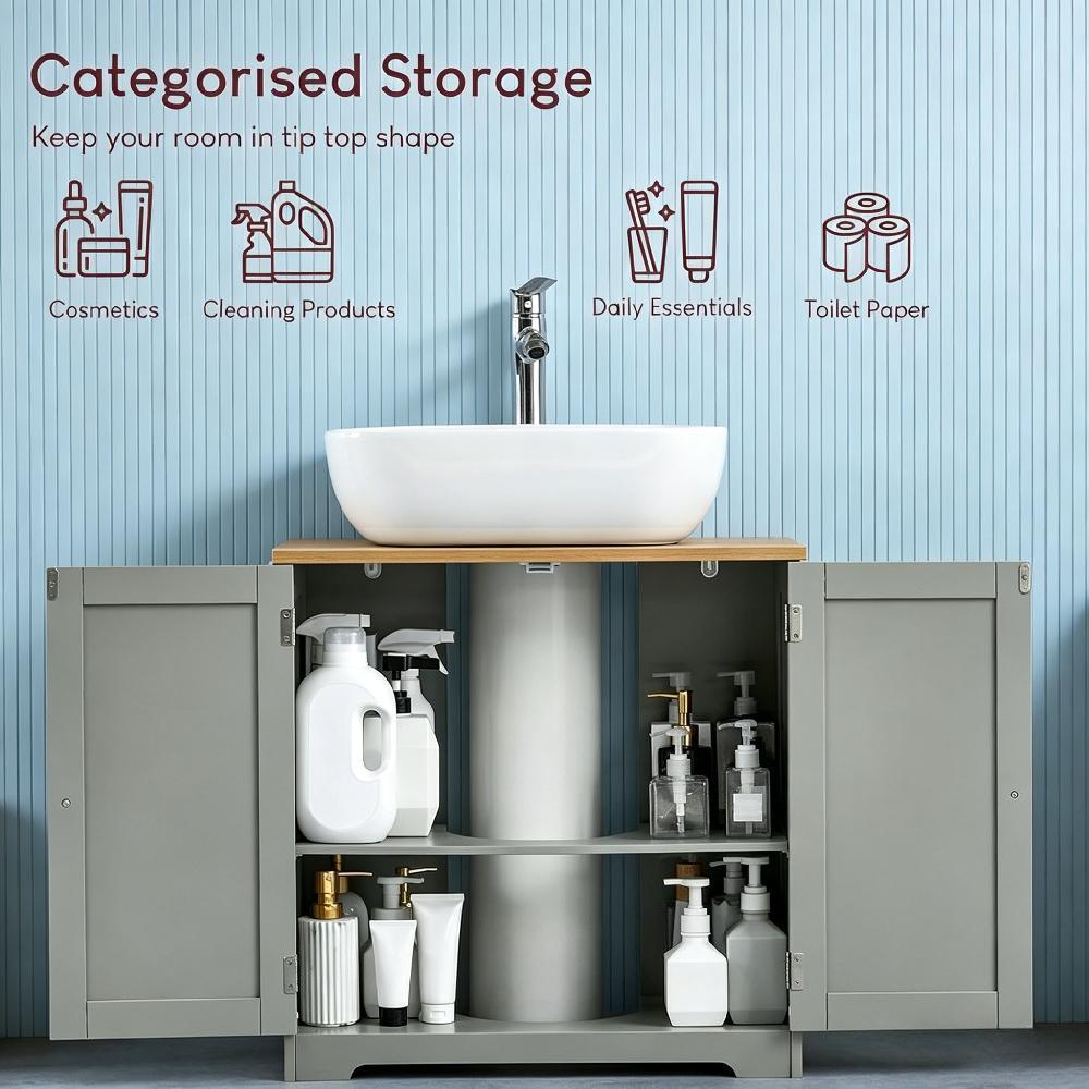 Modern Double Door Bathroom Cabinet - Floor Standing Under Sink Storage Cupboard Basin Unit | Grey & Oak Effect, Multipurpose Home Organizer [Plus A Free Gift]