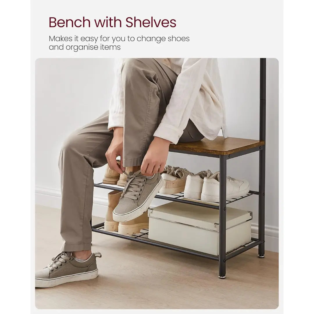 SONGMICS HOME Coat Rack, Hallway Cabinet, Cloakroom, Clothes Rack, with Bench and Shoe Shelves, Shoe Bench, Shoe Organiser, 9 Hooks, Metal Frame, Height 175 cm, Industrial Style