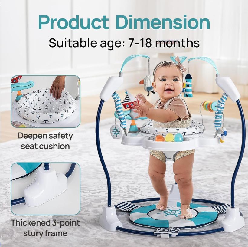 360° Rotating Stationary Baby Jumperoo Activity Center, Adjustable Height Baby Bouncer Swing Rocker with Musical Interactive Toys, Portable Play Chair Infant Play Essentials