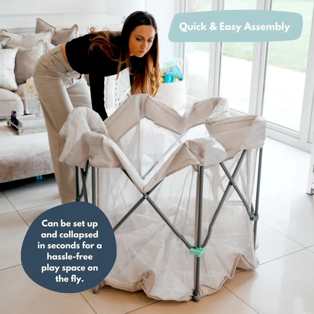 Foldable Hexagonal Baby Playpen with Breathable See-Through Mesh & Zipper Access Door, Compact 110×110CM Spill Resistant Play Yard with Carry Bag, Easy Wipe Clean Toddler Play Fence for Indoor Home Outdoor Park Travel