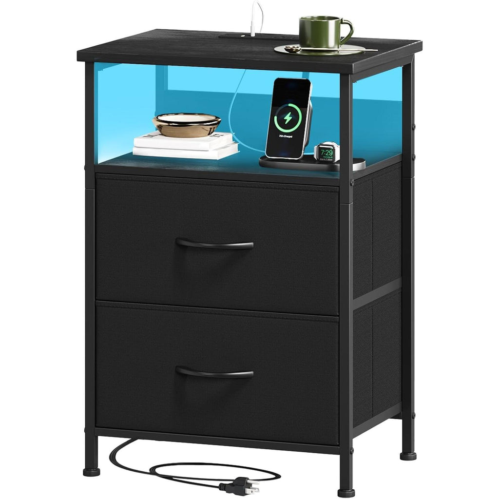 【NS】Bedside Table with Charging Station and LED Light, Bedroom 2 Drawers Bedside Cabinet with 2 Outlets and 2 USB Ports, Bed Side Table for Dorm Kids Room Closet, Wood Grain Print