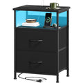 【NS】Bedside Table with Charging Station and LED Light, Bedroom 2 Drawers Bedside Cabinet with 2 Outlets and 2 USB Ports, Bed Side Table for Dorm Kids Room Closet, Wood Grain Print