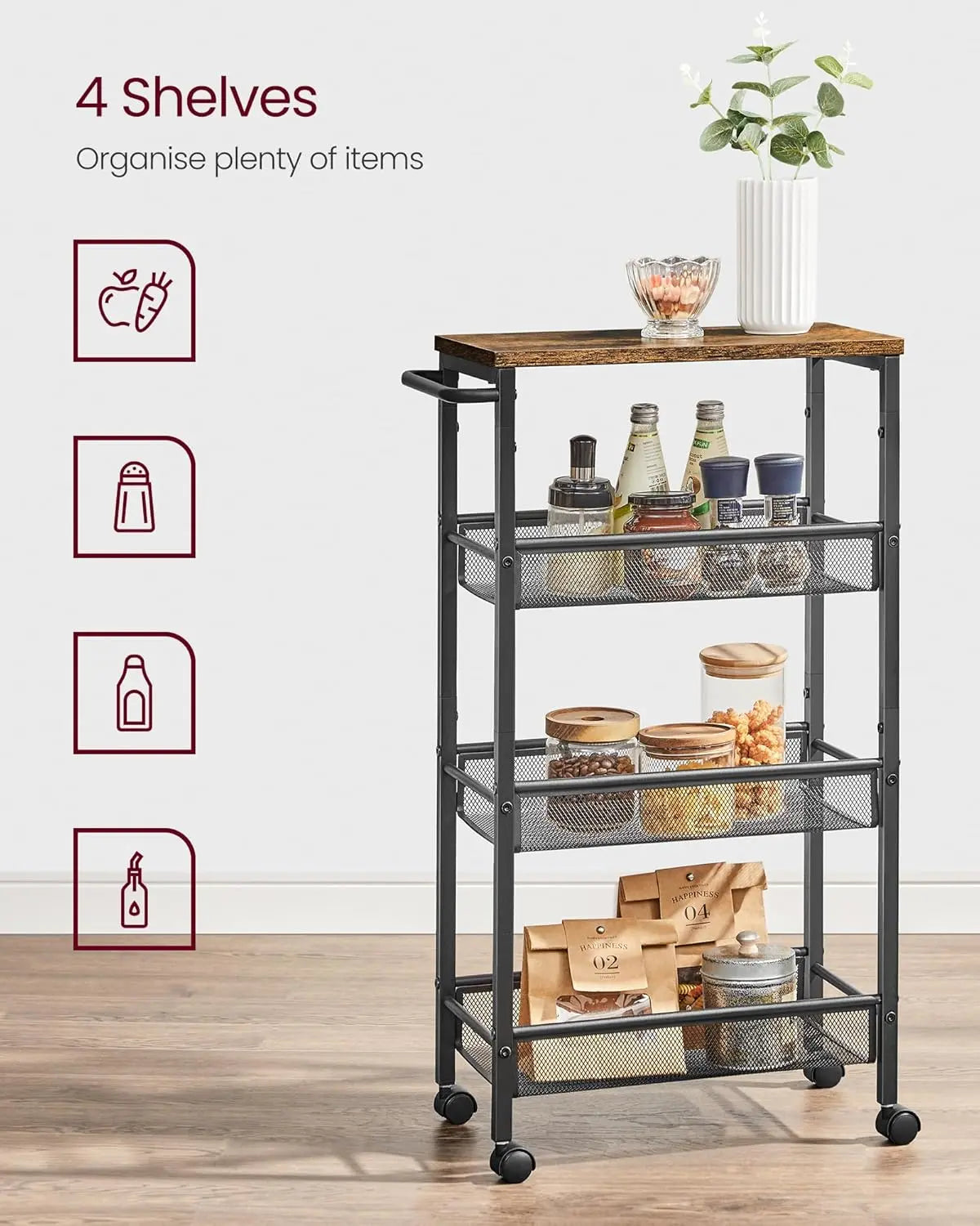 VASAGLE 4-Tier Trolley, Space-Saving Kitchen Cart with Wheels, Steel Frame, Handle, Slim StorageTrolley for Small Spaces, 22 x 45.5 x 77 cm, Kitchen Bathroom Living Room Studio Organiser Racks