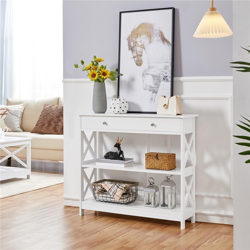 Industrial Vintage Console Table with Drawer and 2 Open Shelves, Multifunctional Shoe Storage Cabinet for Living Room, Hallway, Bedroom [Plus A Free Gift]