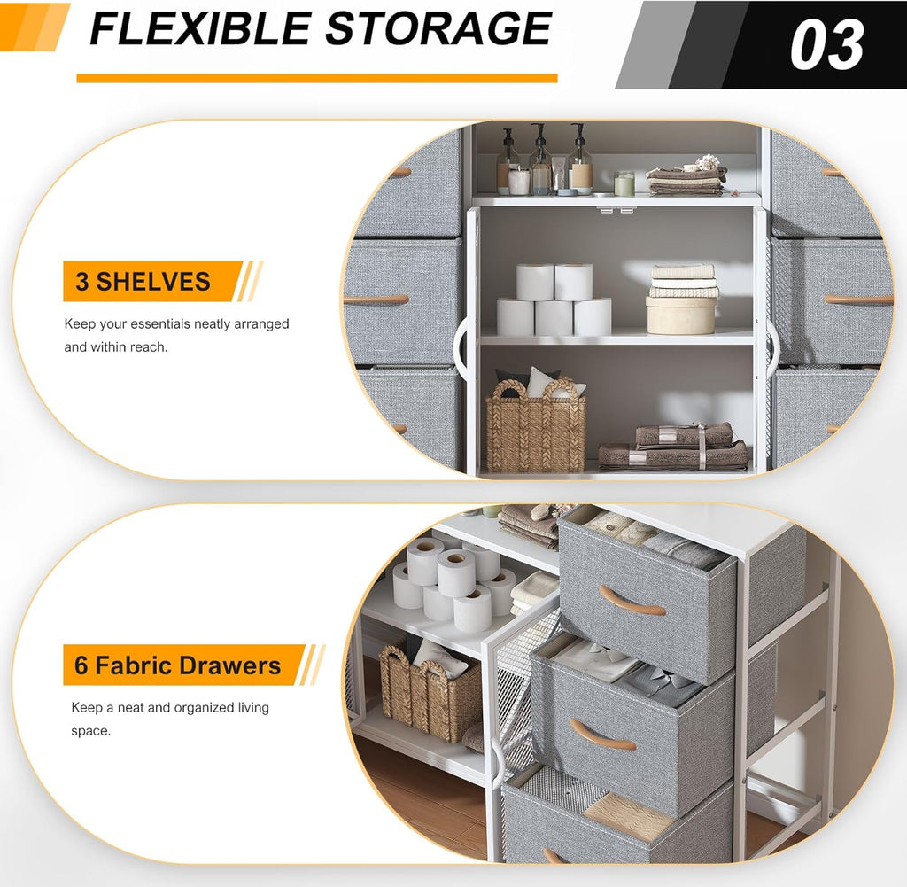 Fabric Storage Dresser with 6 Drawers, Sturdy Metal Frame Organizer Chest, Wooden Top & Mesh Cabinet Design, Versatile Home Furniture for Bedroom Living Room Hallway Entryway
