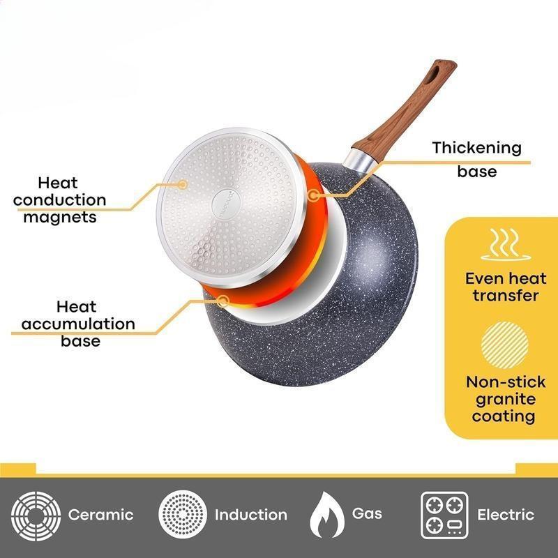 CZHMBM  Non Stick Pots and Pans Set Induction Hob Compatible Cookware with Lids Heat Resistant Easy Clean Durable Kitchenware for Home Cooking Copper Finish Wooden Handles - Oil