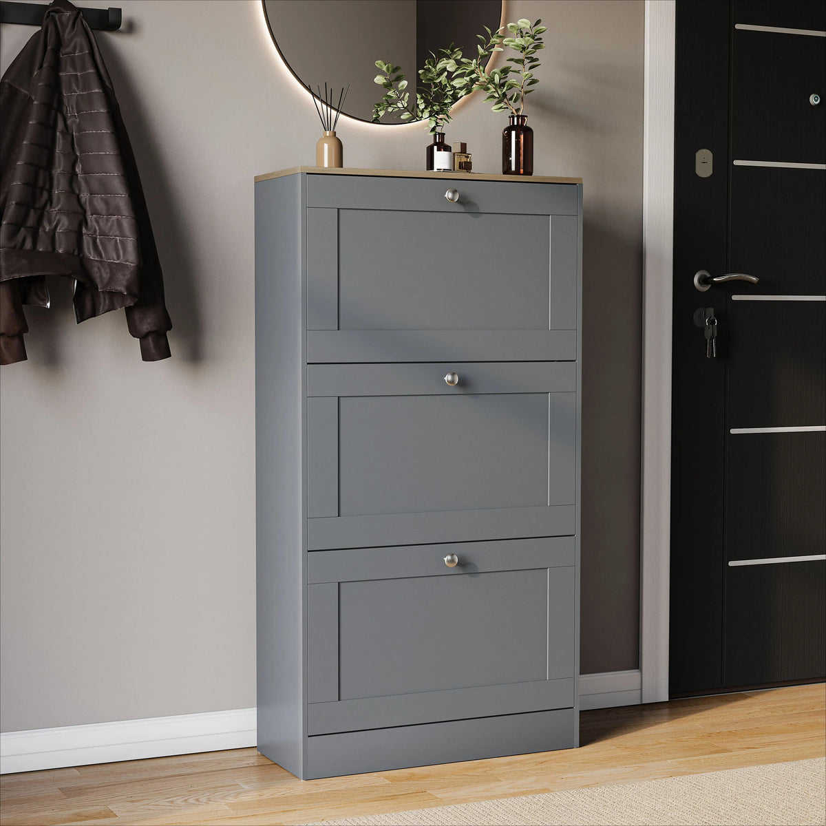 3 Drawer Pull-Down Shoe Cabinet, Slim Space-Saving Wooden Shoe Storage Organizer with Oak Top Surface, Hidden Footwear Storage Cabinet for Entryway Hallway Bedroom Home Furniture