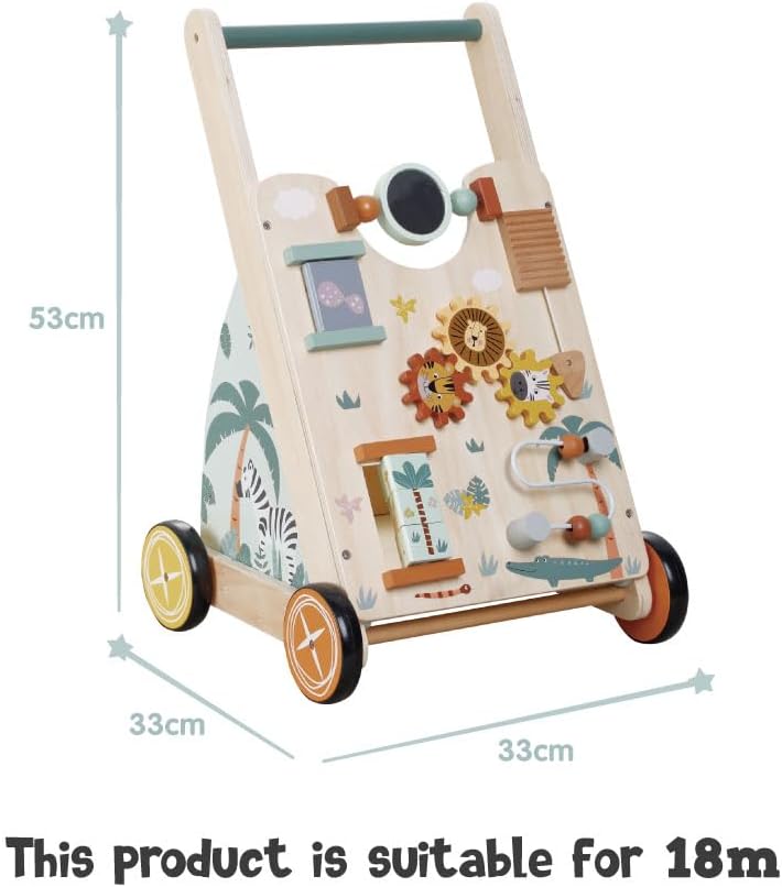 Wooden Baby Push‑Along Activity Walker, Toddler Learning Walker with Multi‑Sensory Early Developmental Toys, Ideal for Boys and Girls, 18 Months+