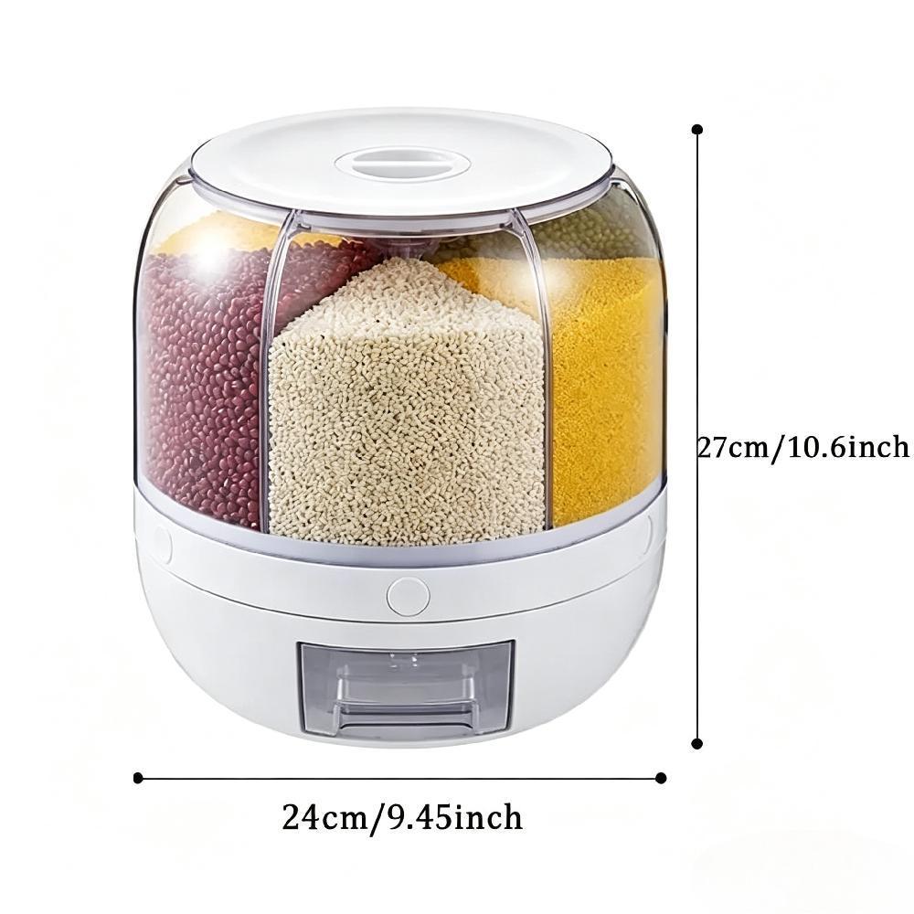 6-Compartment 360° Rotating Rice Dispenser Container, Transparent Dry Food Storage Bin, Airtight Fruit & Grain Keep Fresh Box for Kitchen Countertop Organization [Plus A Free Gift]