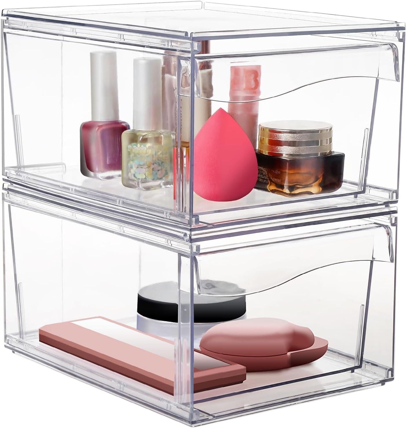 Clear Makeup Organizer With Drawers,Stackable Cosmetic Storage Display Case for Vanity,Bathroom Counter or Dresser,Countertop Holder for Lipstick,Brushes,Lotions,Eyeshadow,Nail Polish and Jewelry