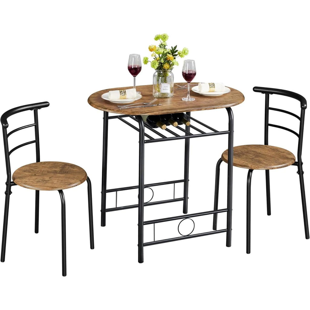 3-Piece Round Dining Table Set for 2 – Compact Breakfast Bar with Chairs, Metal Legs, Shelf & Built-in Wine Rack (Drift Brown)