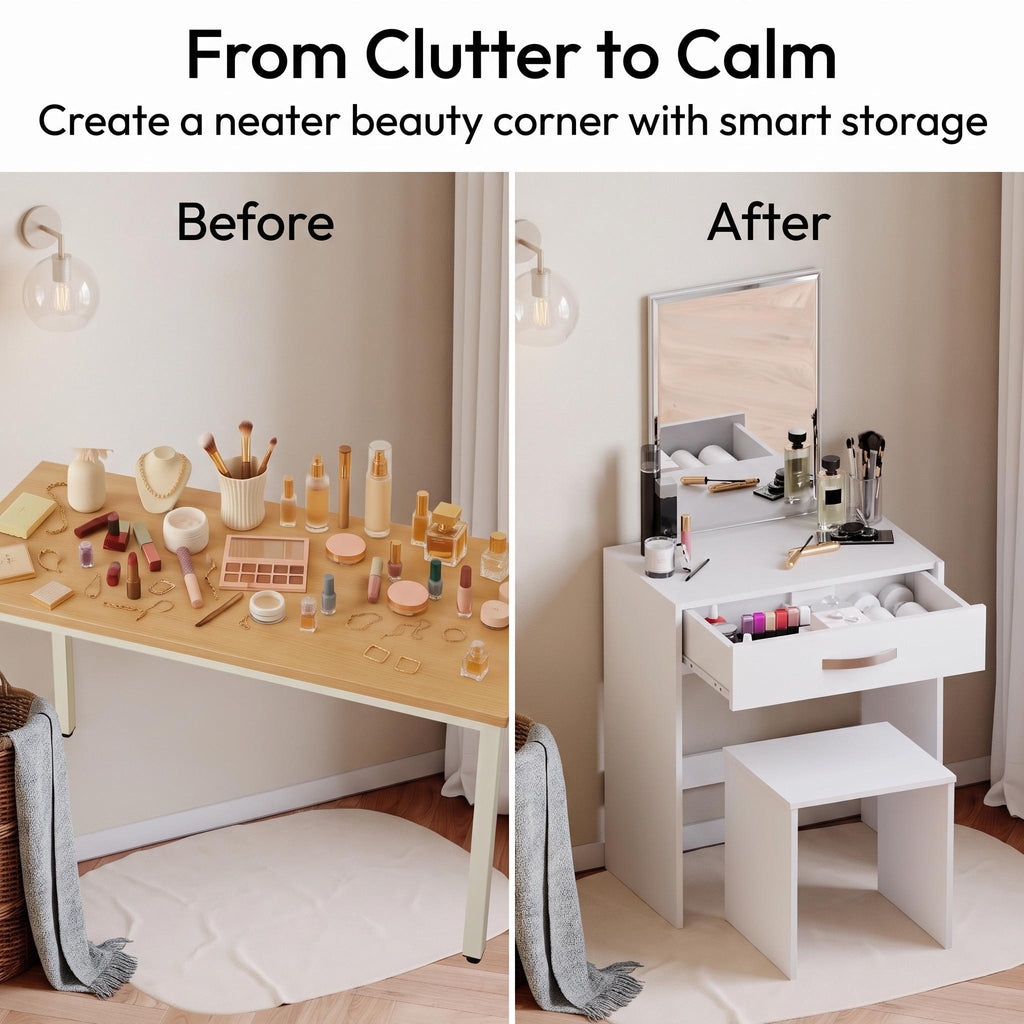 Dressing Table 1 Drawer Mirror & Stool Bedroom Set Makeup Vanity Cosmetics Storage Desk Dresser Furniture