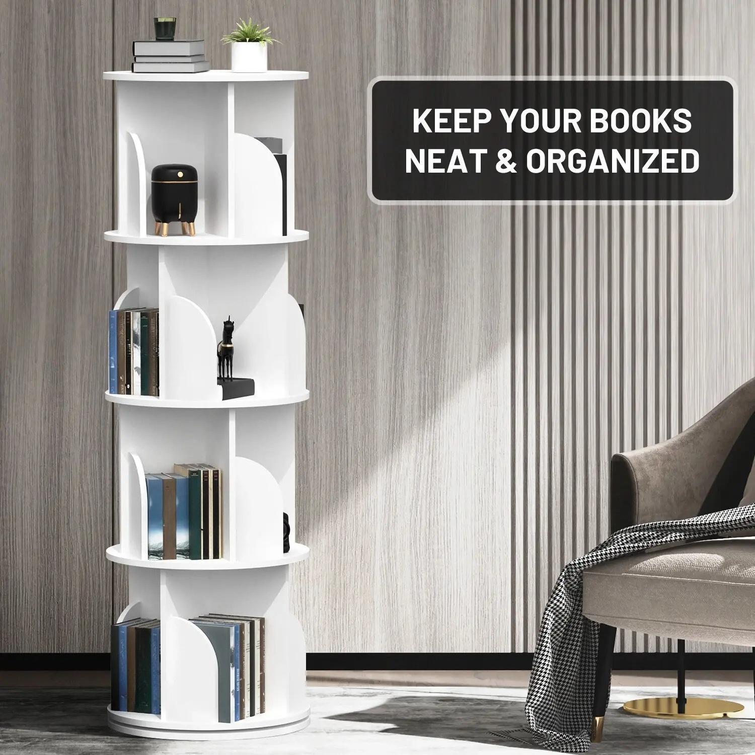 4-Tier 360° Rotating Bookshelf Tower, White Spinning Freestanding Bookcase with Divided Open Storage Compartments, Vertical Rotating Display Shelf Organizer for Bedroom Living Room Study Home Office